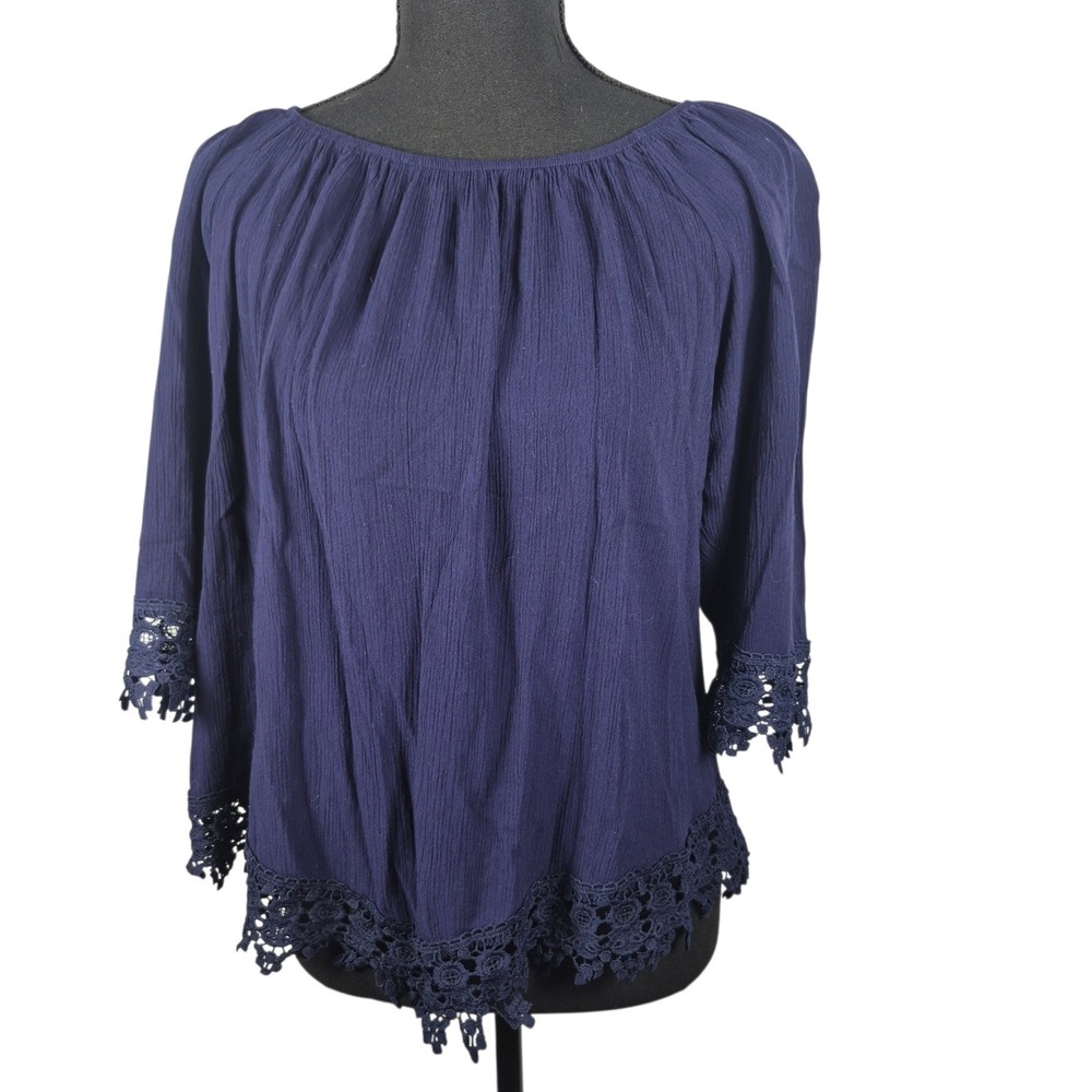 NY Collection Boho Blouse M Blue Lace Trim Peasant Top Rayon Flowy Casual